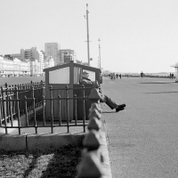 Man in beach shelter